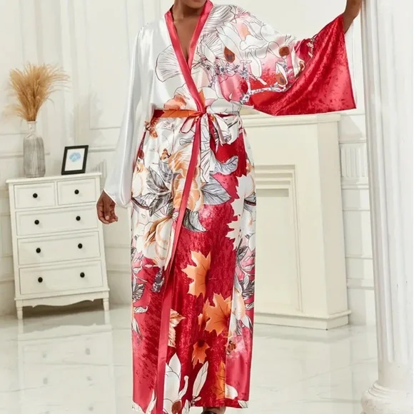 Red And White Floral Kimono Resort Vacation Wear Beach Cover Up Belted One Size - Picture 1 of 5